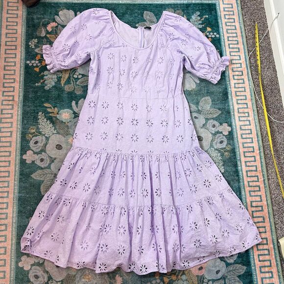 Ann Taylor Dress 18 Purple Eyelet Lace Scoop Neck Maxi Ruffle Puff Sleeve Midi - Picture 10 of 16